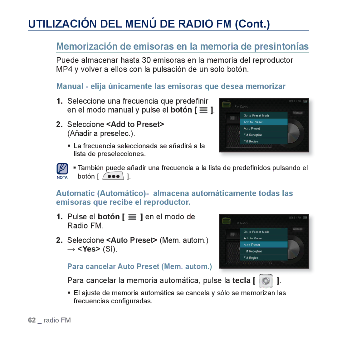 Samsung YP-CP3AB/EDC manual Utilización DEL Menú DE Radio FM, Memorización de emisoras en la memoria de presintonías 