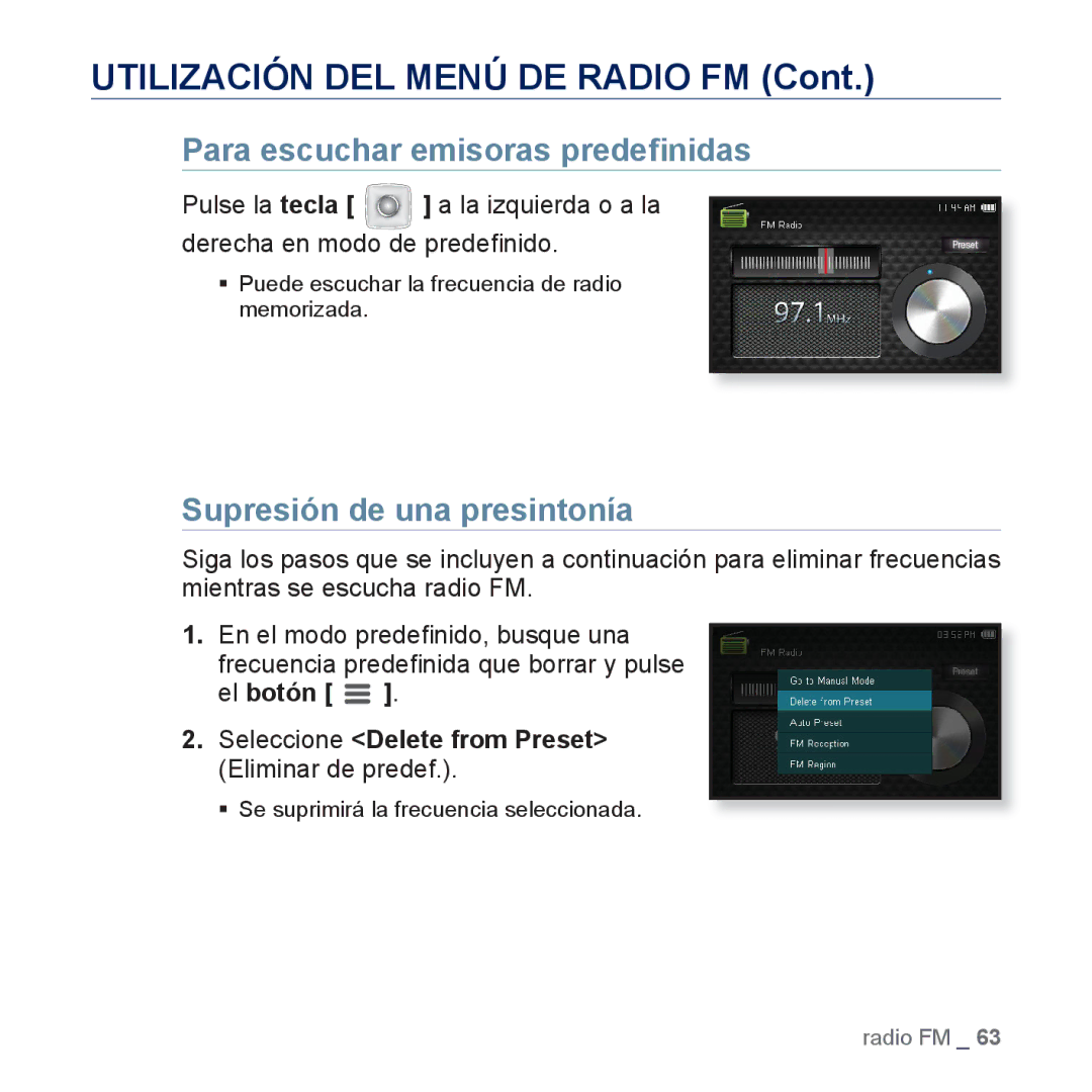 Samsung YP-CP3AB/CHN, YP-CP3AB/EDC manual Para escuchar emisoras predeﬁnidas, Supresión de una presintonía 