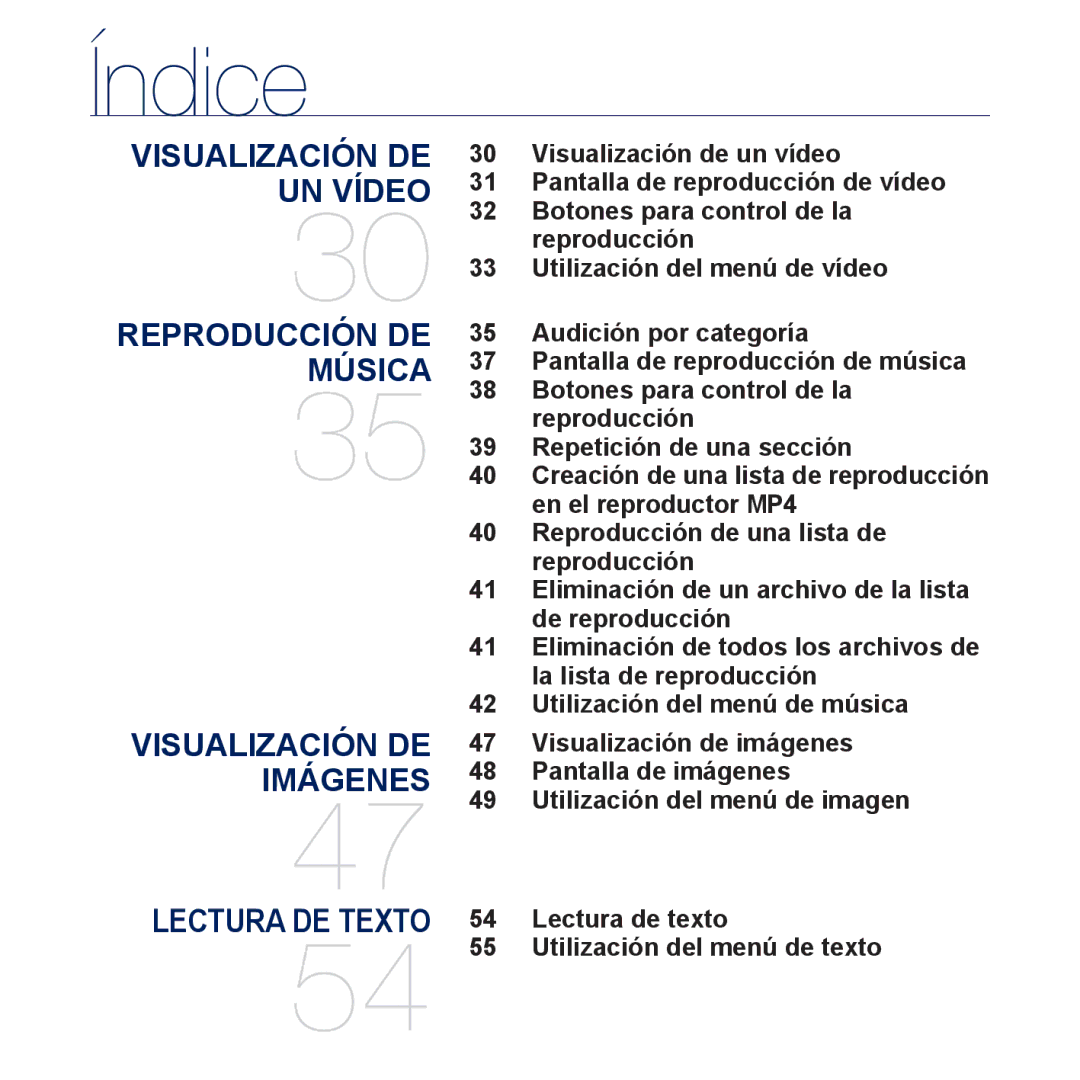 Samsung YP-CP3AB/CHN, YP-CP3AB/EDC manual Índice, Lectura de texto Utilización del menú de texto 