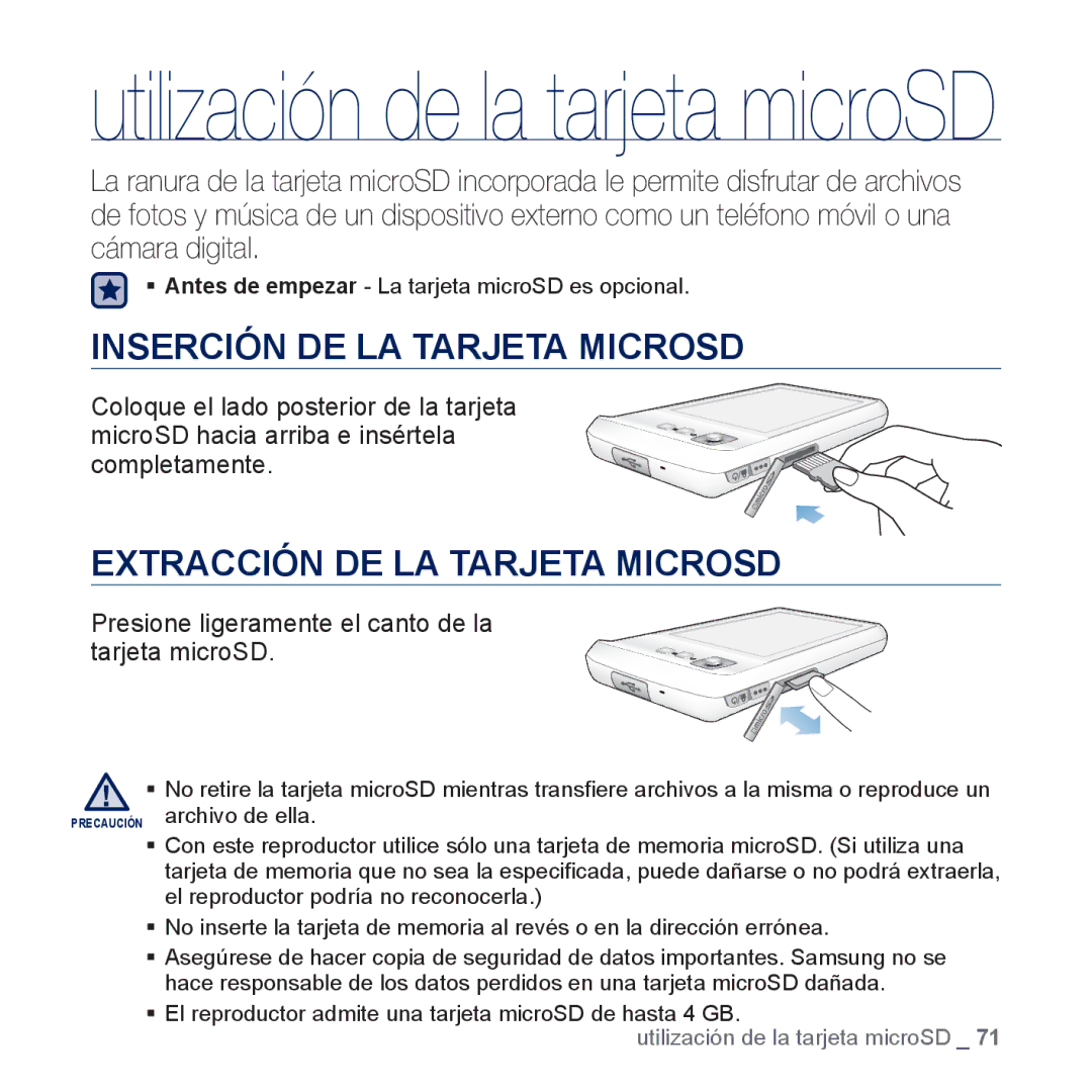 Samsung YP-CP3AB/CHN, YP-CP3AB/EDC manual Inserción DE LA Tarjeta Microsd, Extracción DE LA Tarjeta Microsd 