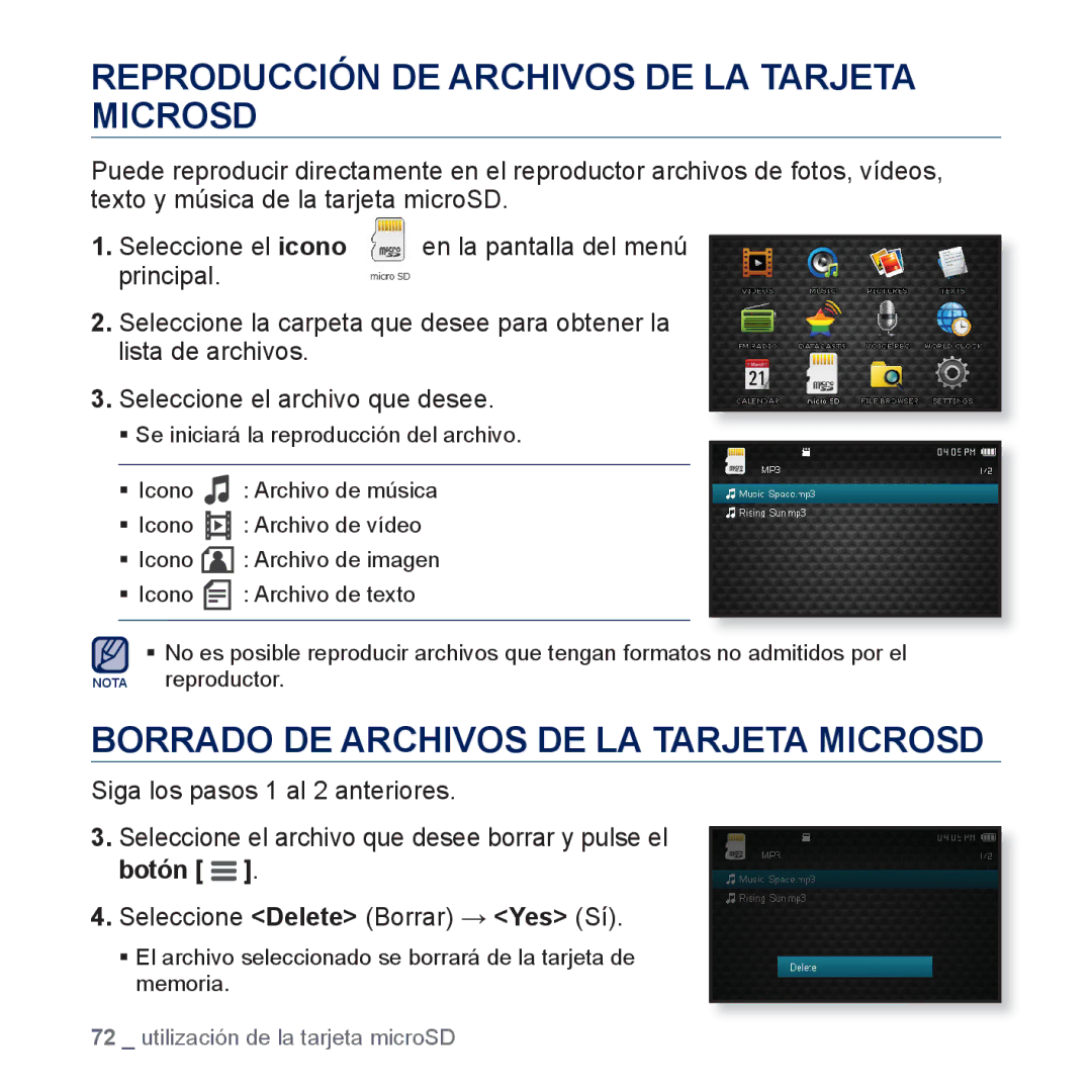 Samsung YP-CP3AB/EDC manual Reproducción DE Archivos DE LA Tarjeta Microsd, Borrado DE Archivos DE LA Tarjeta Microsd 