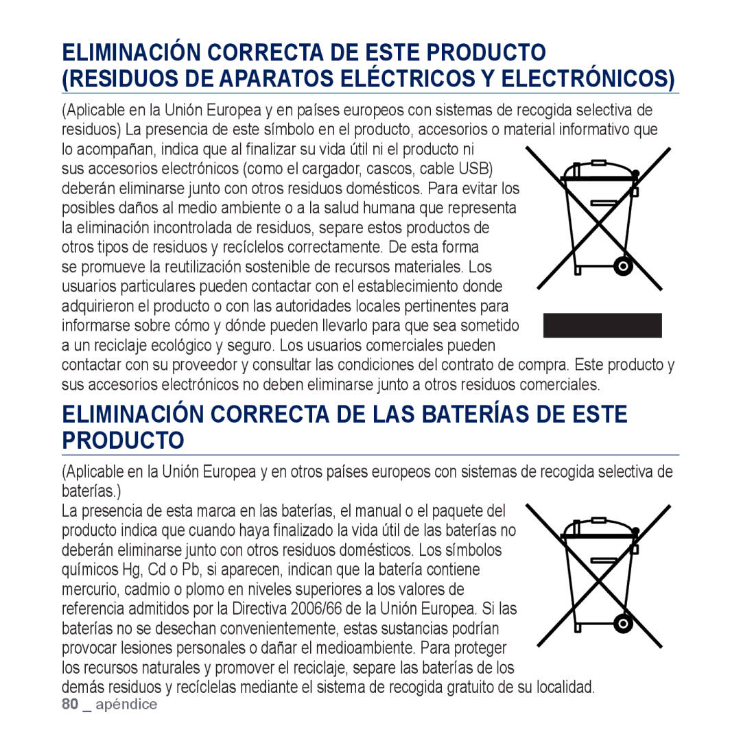 Samsung YP-CP3AB/EDC, YP-CP3AB/CHN manual Eliminación Correcta DE LAS Baterías DE Este Producto 