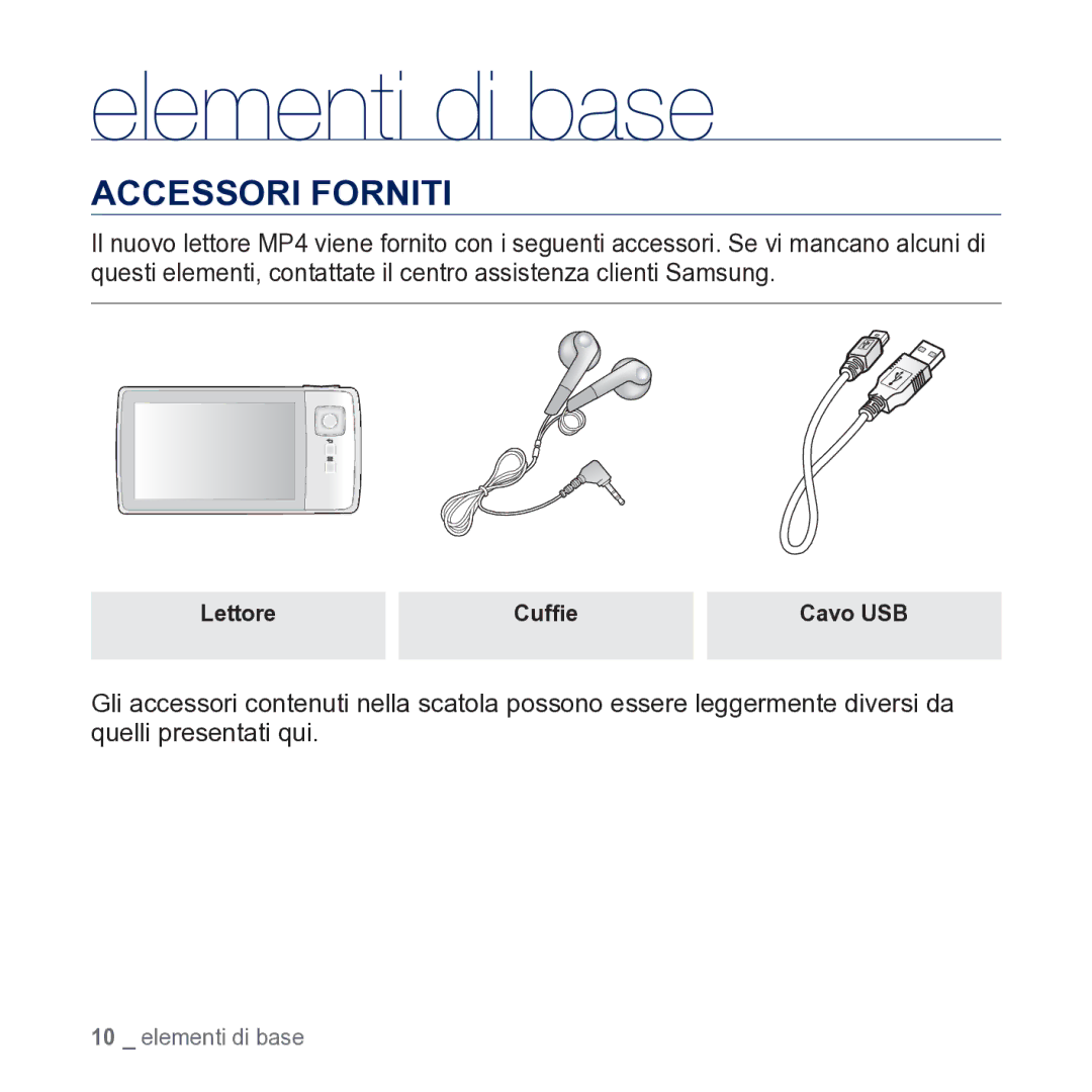 Samsung YP-CP3AB/EDC manual Elementi di base, Accessori Forniti 