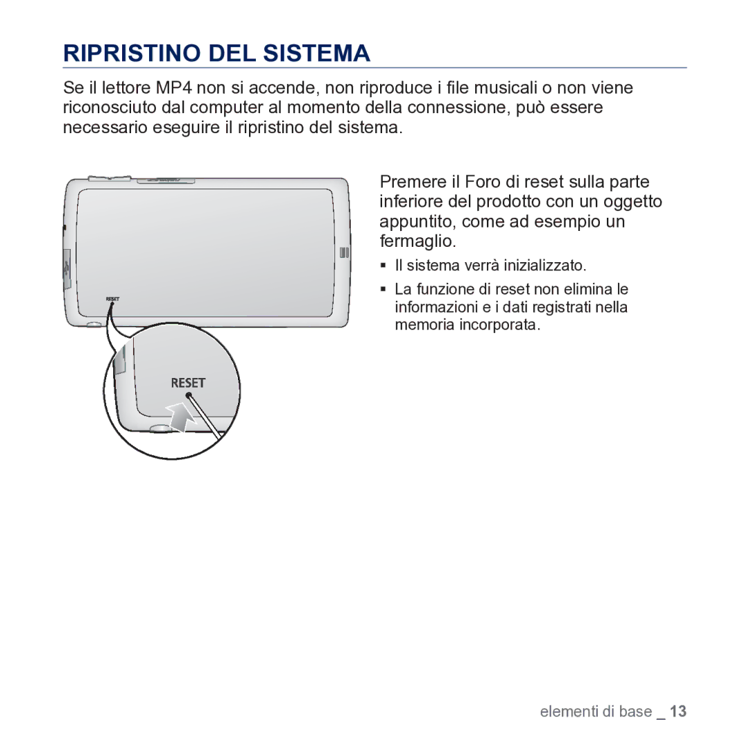 Samsung YP-CP3AB/EDC manual Ripristino DEL Sistema 