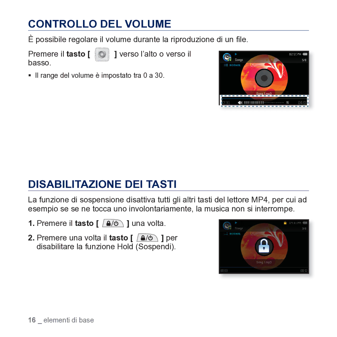 Samsung YP-CP3AB/EDC manual Controllo DEL Volume, Disabilitazione DEI Tasti, Basso 