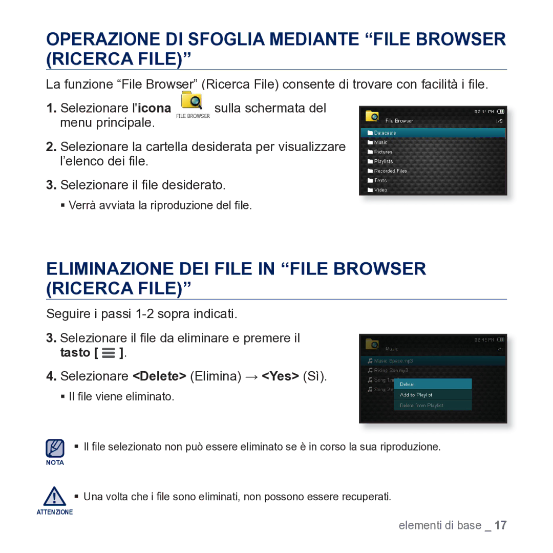 Samsung YP-CP3AB/EDC manual Operazione DI Sfoglia Mediante File Browser Ricerca File, Menu principale 