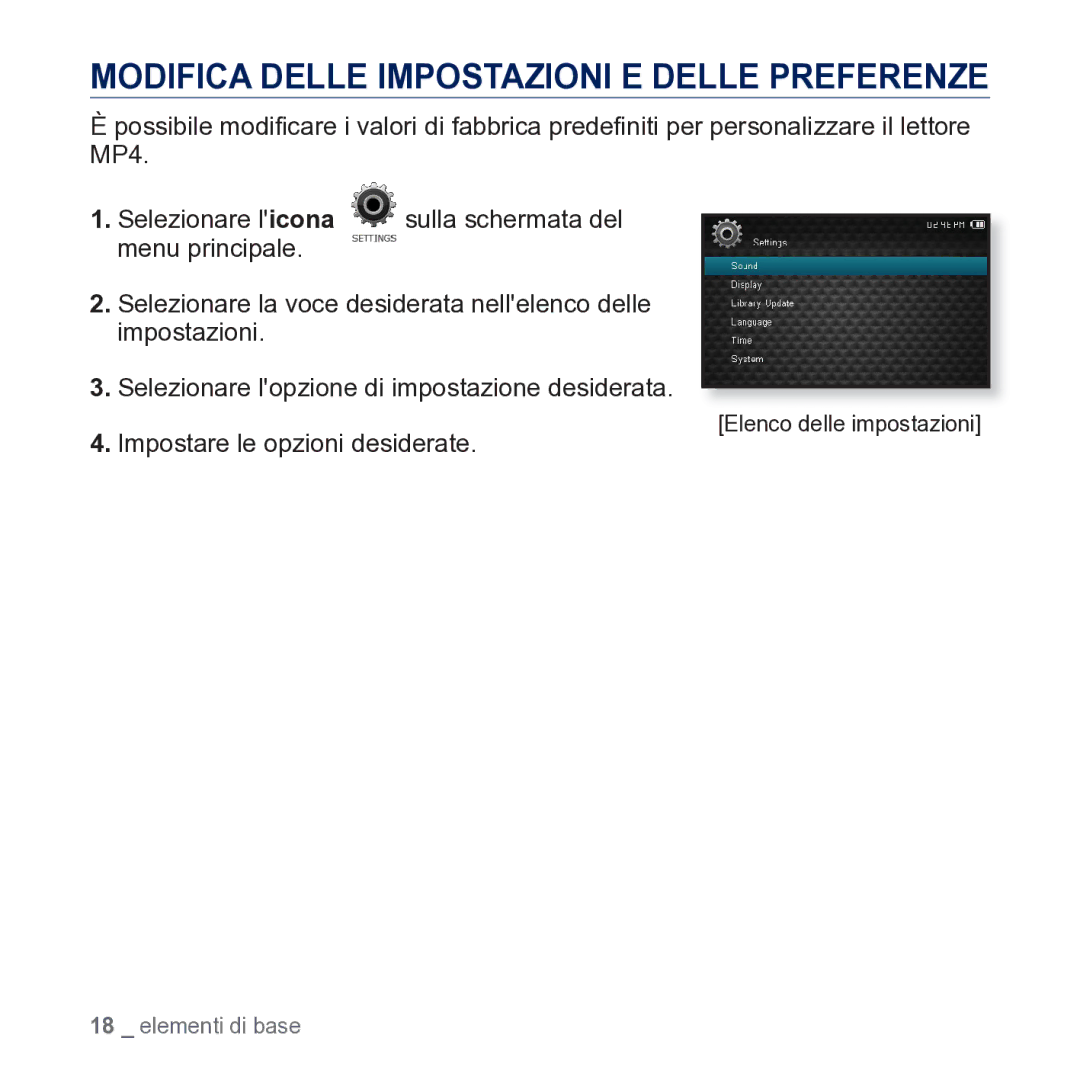 Samsung YP-CP3AB/EDC manual Modifica Delle Impostazioni E Delle Preferenze 