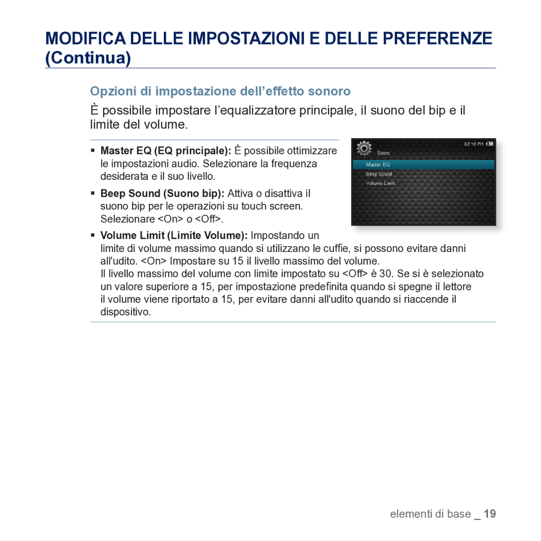 Samsung YP-CP3AB/EDC Modifica Delle Impostazioni E Delle Preferenze Continua, Opzioni di impostazione dell’effetto sonoro 