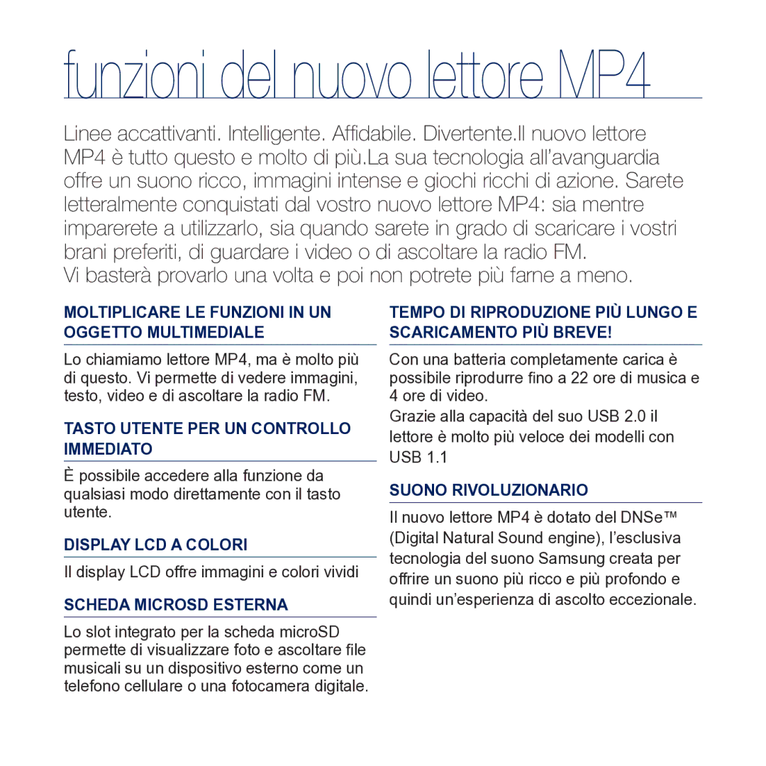 Samsung YP-CP3AB/EDC manual Funzioni del nuovo lettore MP4 