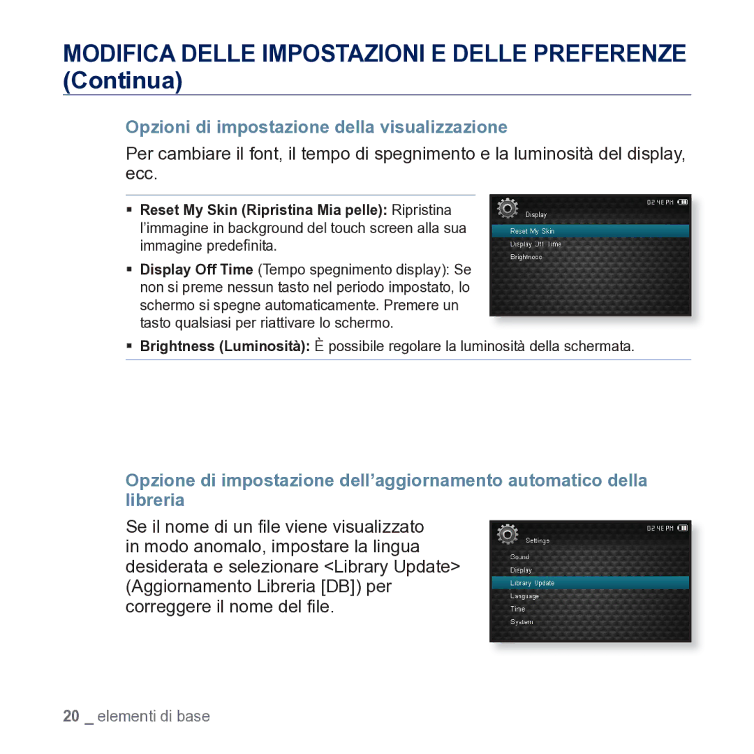 Samsung YP-CP3AB/EDC manual Opzioni di impostazione della visualizzazione 