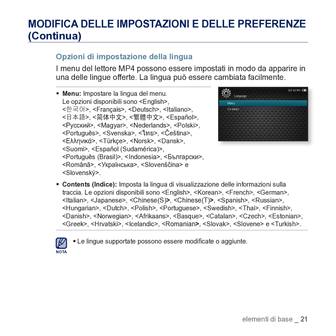 Samsung YP-CP3AB/EDC manual Opzioni di impostazione della lingua 