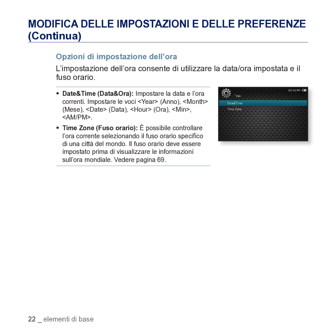 Samsung YP-CP3AB/EDC manual Opzioni di impostazione dell’ora 