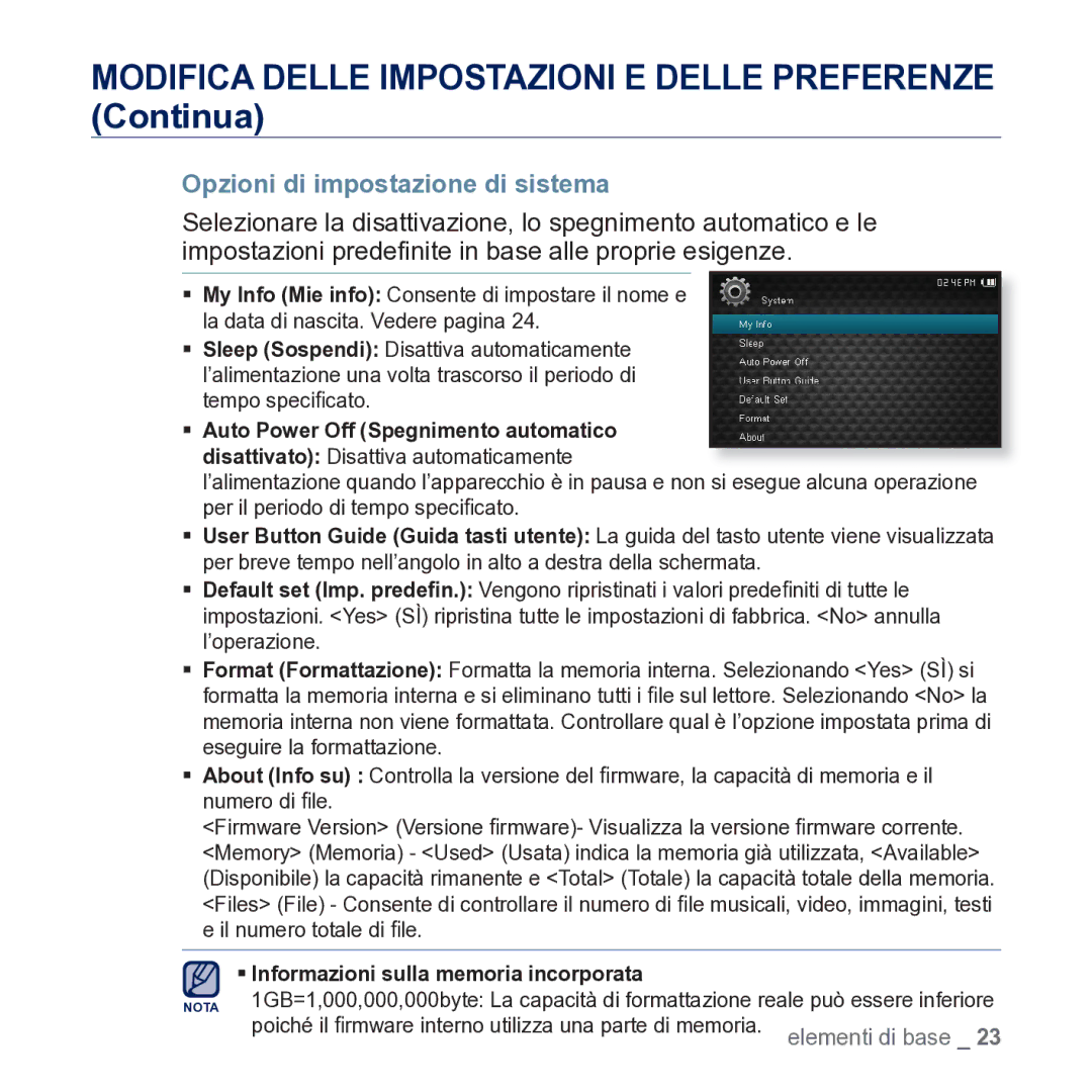 Samsung YP-CP3AB/EDC manual Opzioni di impostazione di sistema, ƒ Informazioni sulla memoria incorporata 