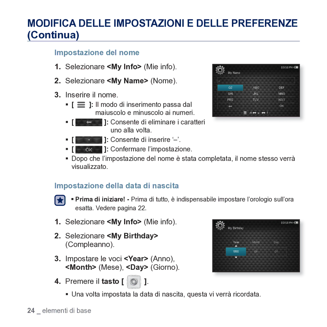 Samsung YP-CP3AB/EDC manual Impostazione del nome, Impostazione della data di nascita 