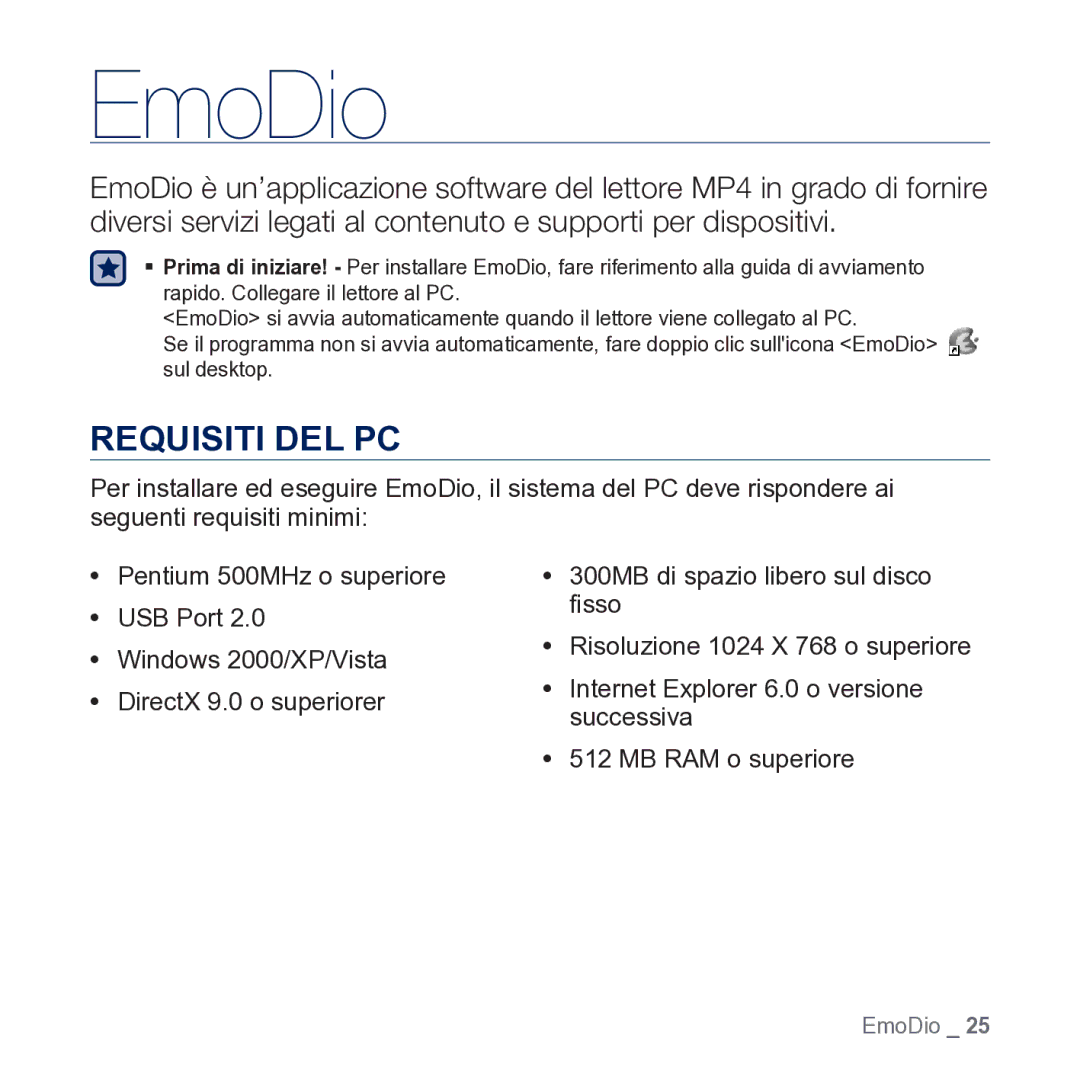 Samsung YP-CP3AB/EDC manual EmoDio, Requisiti DEL PC 