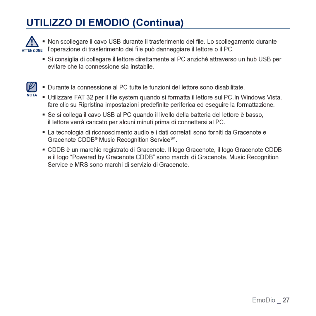 Samsung YP-CP3AB/EDC manual Utilizzo DI Emodio Continua 