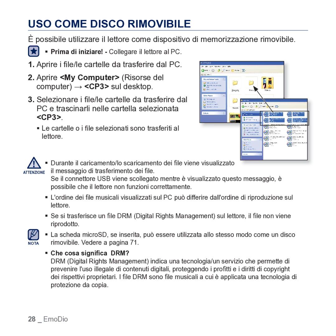 Samsung YP-CP3AB/EDC manual USO Come Disco Rimovibile, ƒ Che cosa signiﬁca DRM? 