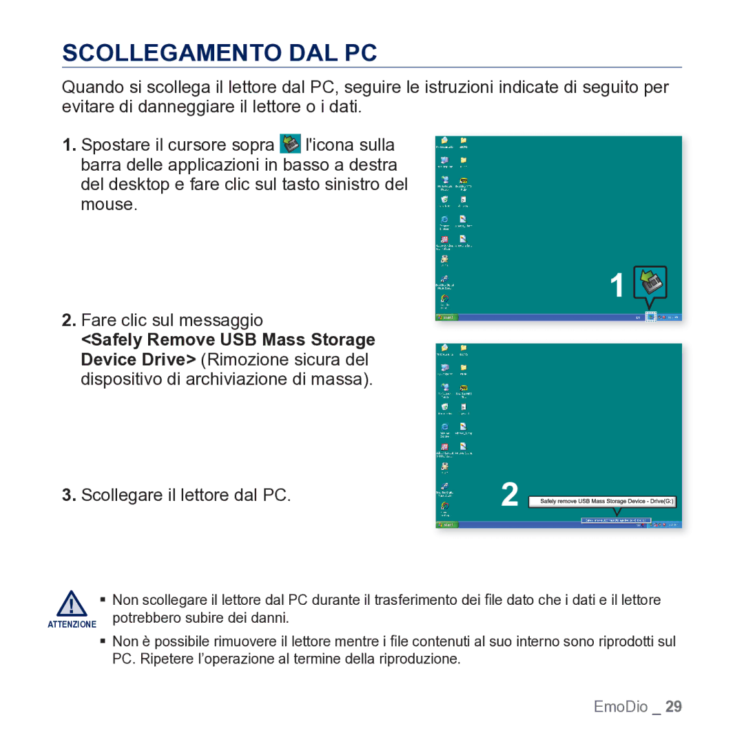 Samsung YP-CP3AB/EDC manual Scollegamento DAL PC, Scollegare il lettore dal PC 