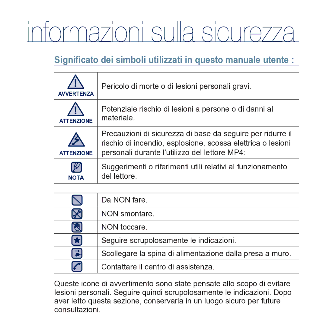 Samsung YP-CP3AB/EDC Signiﬁcato dei simboli utilizzati in questo manuale utente 