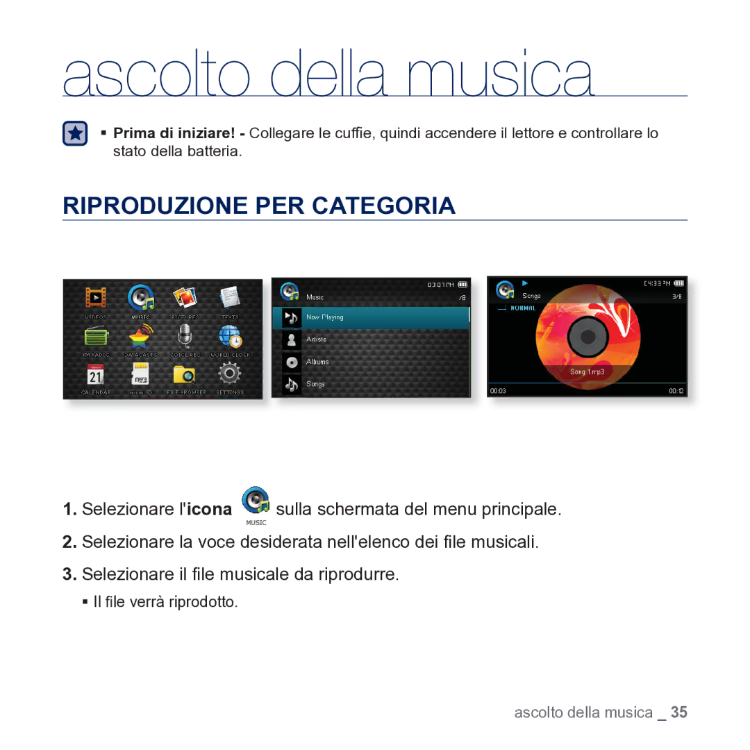 Samsung YP-CP3AB/EDC manual Ascolto della musica, Riproduzione PER Categoria 