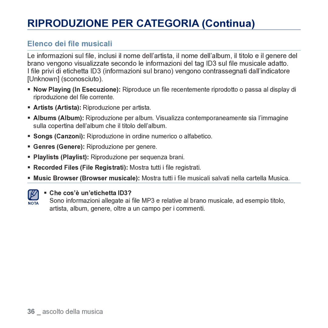 Samsung YP-CP3AB/EDC manual Riproduzione PER Categoria Continua, Elenco dei ﬁle musicali 