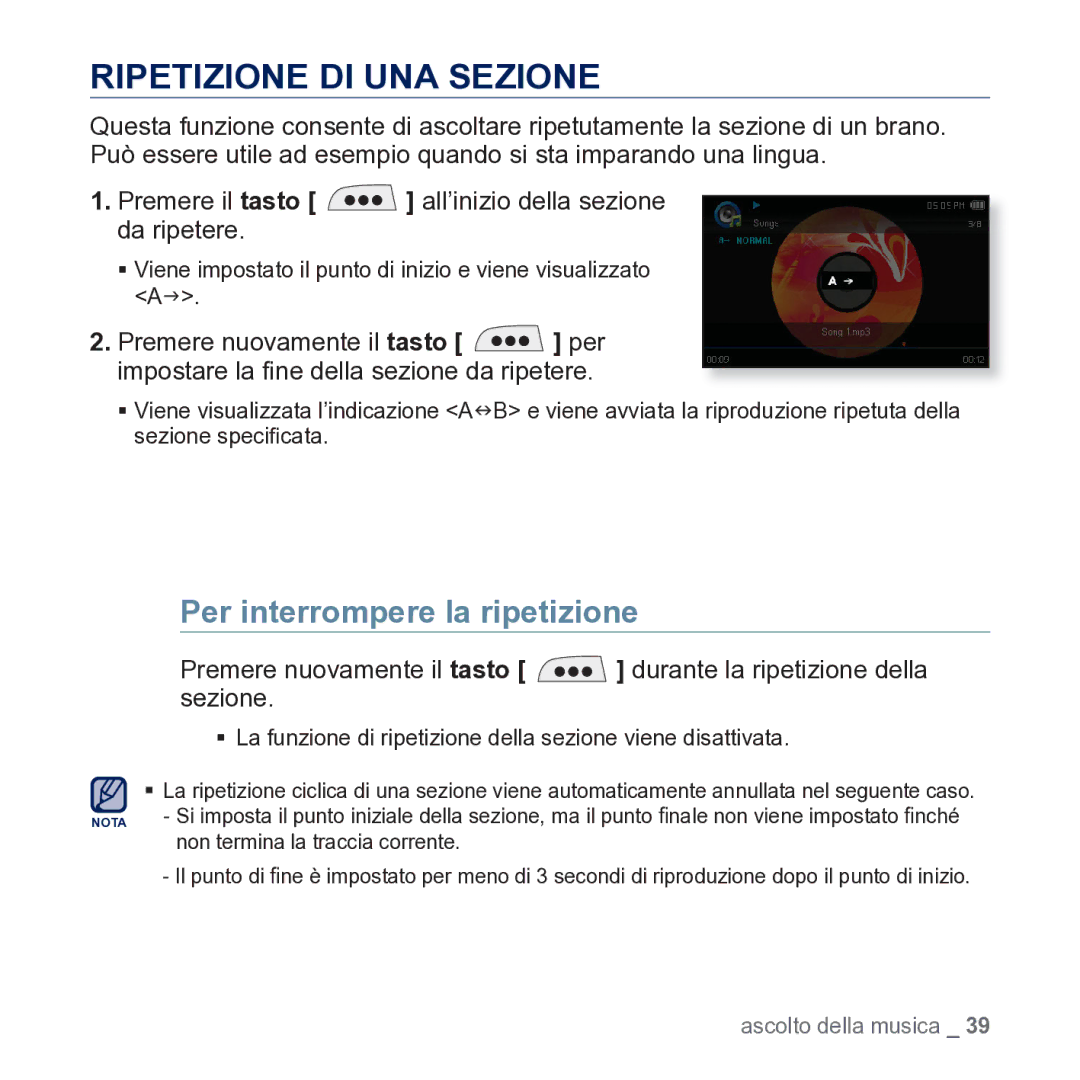 Samsung YP-CP3AB/EDC manual Ripetizione DI UNA Sezione, Per interrompere la ripetizione 