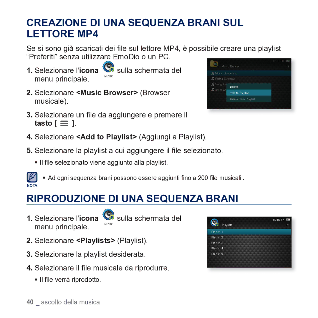 Samsung YP-CP3AB/EDC manual Creazione DI UNA Sequenza Brani SUL Lettore MP4, Riproduzione DI UNA Sequenza Brani 