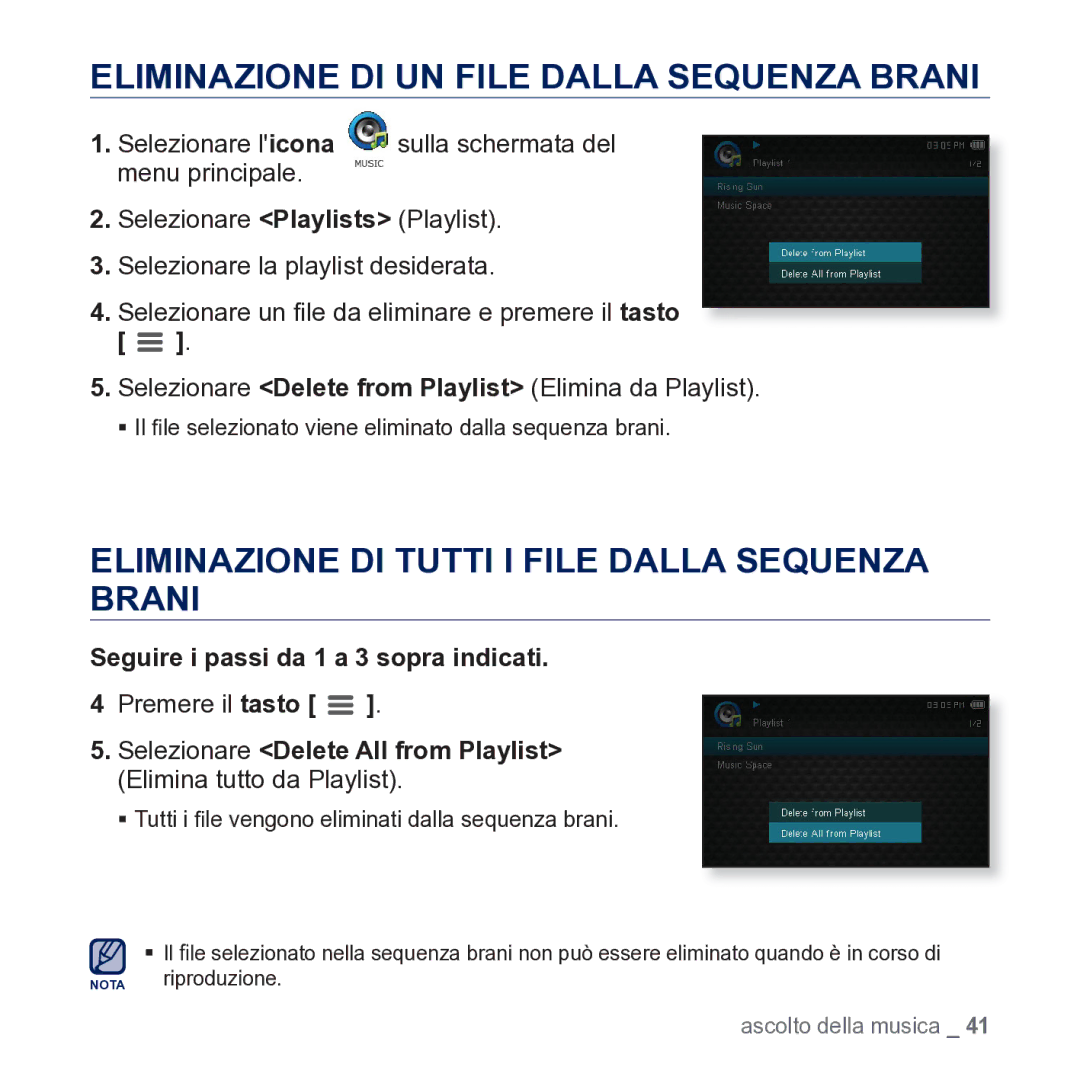 Samsung YP-CP3AB/EDC manual Eliminazione DI UN File Dalla Sequenza Brani, Eliminazione DI Tutti I File Dalla Sequenza Brani 