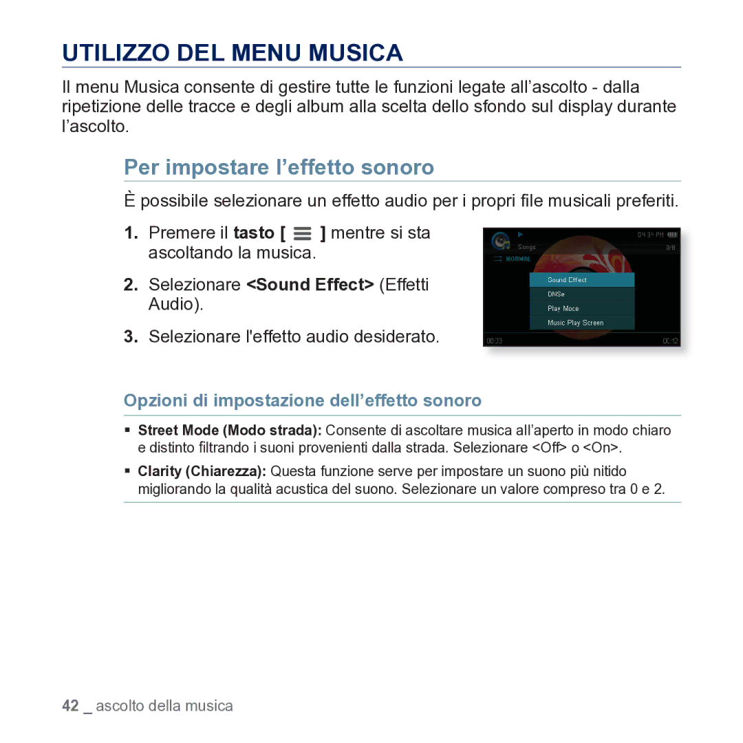 Samsung YP-CP3AB/EDC Utilizzo DEL Menu Musica, Per impostare l’effetto sonoro, Selezionare Sound Effect Effetti Audio 