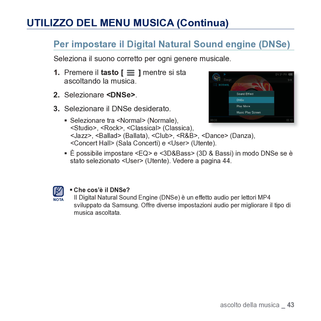 Samsung YP-CP3AB/EDC manual Utilizzo DEL Menu Musica Continua, Per impostare il Digital Natural Sound engine DNSe 