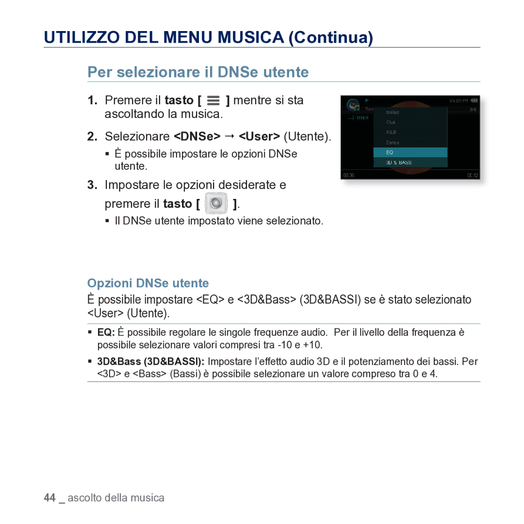 Samsung YP-CP3AB/EDC manual Per selezionare il DNSe utente, Impostare le opzioni desiderate e Premere il tasto 