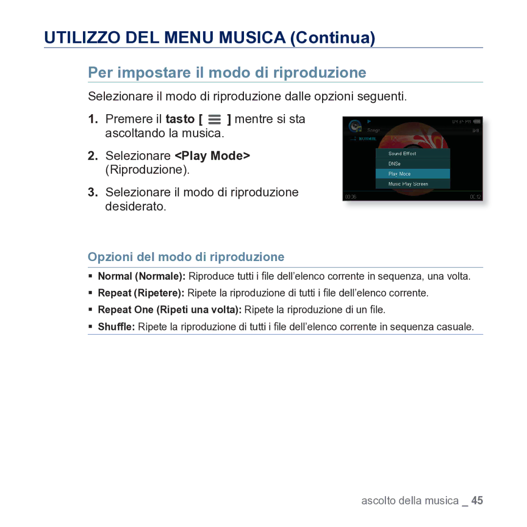 Samsung YP-CP3AB/EDC manual Per impostare il modo di riproduzione, Opzioni del modo di riproduzione 