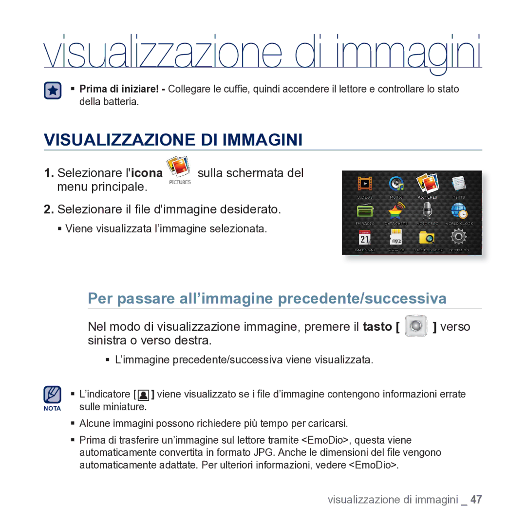 Samsung YP-CP3AB/EDC manual Visualizzazione DI Immagini, Per passare all’immagine precedente/successiva 