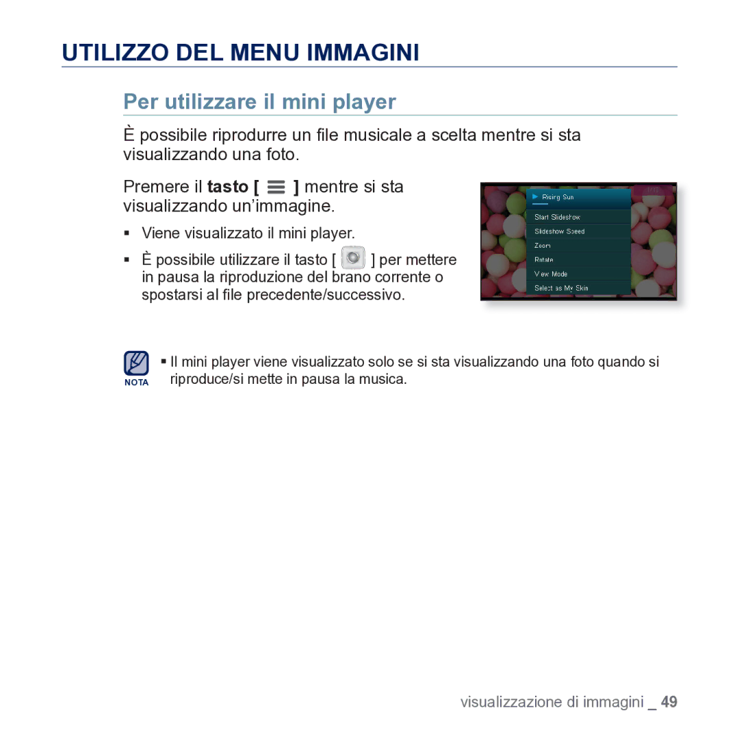 Samsung YP-CP3AB/EDC manual Utilizzo DEL Menu Immagini, Per utilizzare il mini player 