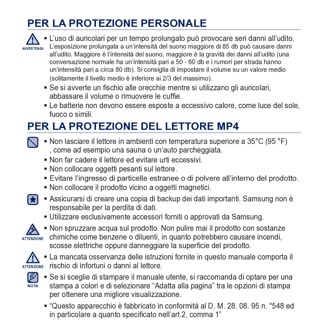 Samsung YP-CP3AB/EDC manual PER LA Protezione DEL Lettore MP4 