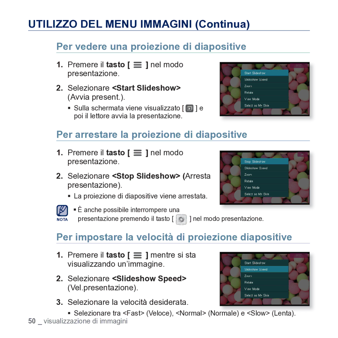 Samsung YP-CP3AB/EDC manual Utilizzo DEL Menu Immagini Continua, Per vedere una proiezione di diapositive 