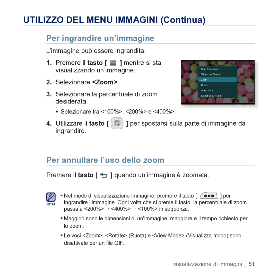 Samsung YP-CP3AB/EDC manual Per ingrandire un’immagine, Per annullare l’uso dello zoom 