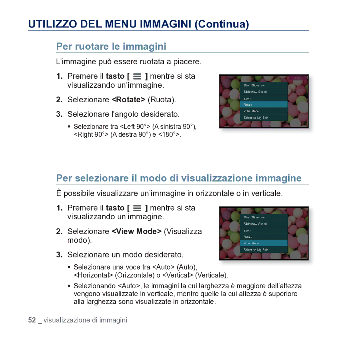 Samsung YP-CP3AB/EDC manual Per ruotare le immagini, Per selezionare il modo di visualizzazione immagine 