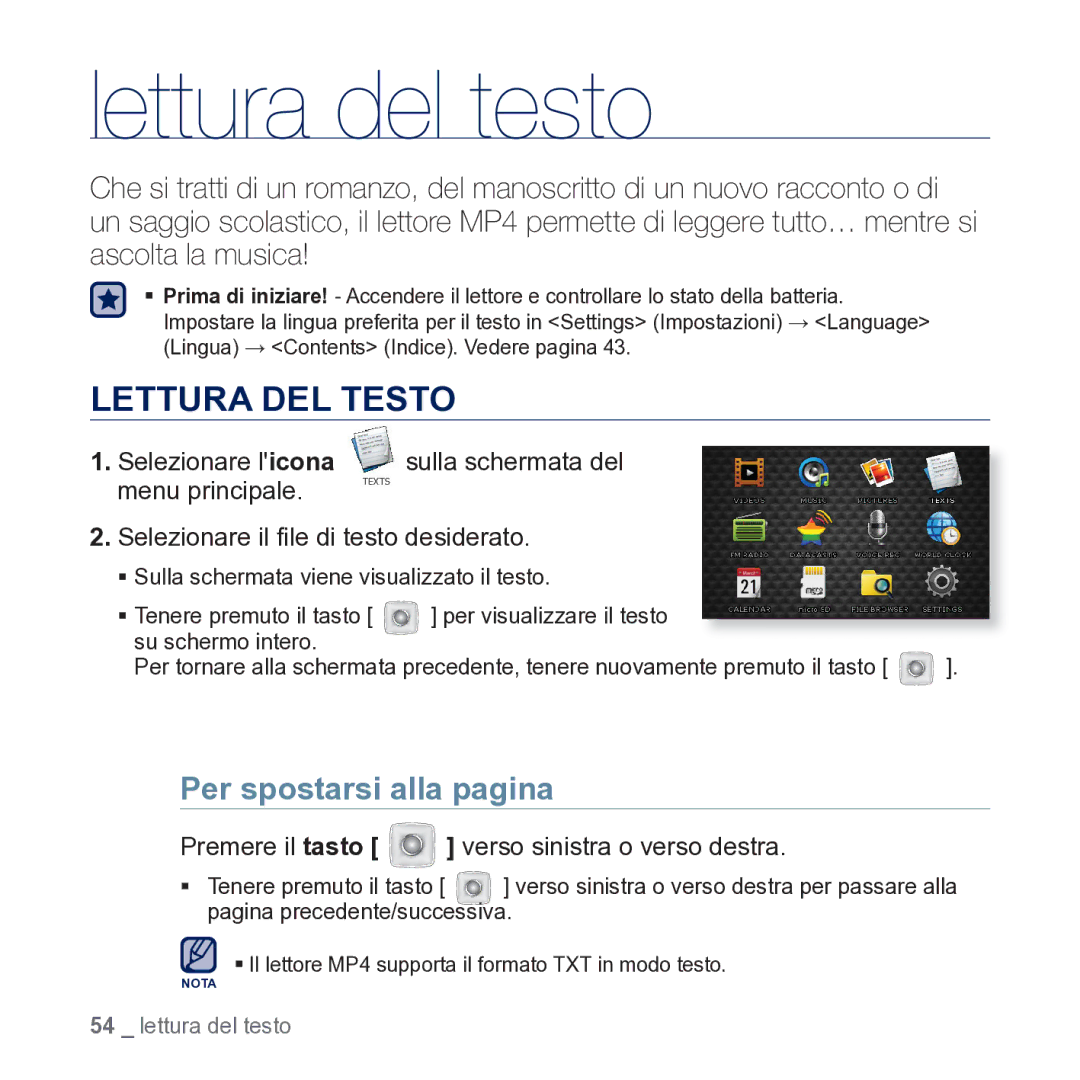 Samsung YP-CP3AB/EDC manual Lettura del testo, Lettura DEL Testo, Per spostarsi alla pagina 