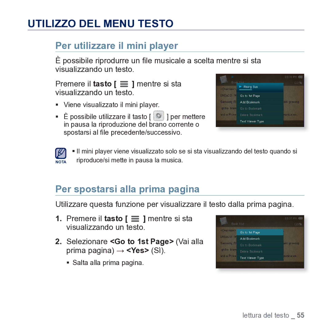 Samsung YP-CP3AB/EDC manual Utilizzo DEL Menu Testo, Per spostarsi alla prima pagina 