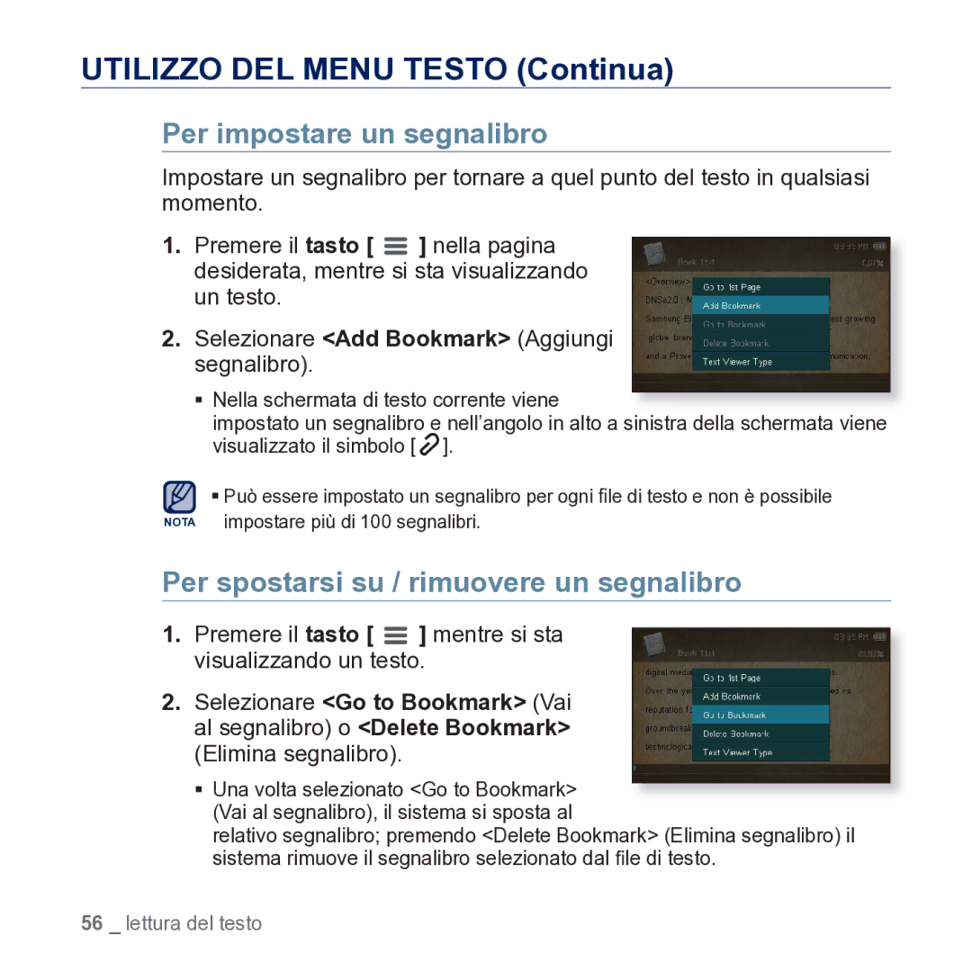 Samsung YP-CP3AB/EDC manual Utilizzo DEL Menu Testo Continua, Per spostarsi su / rimuovere un segnalibro 