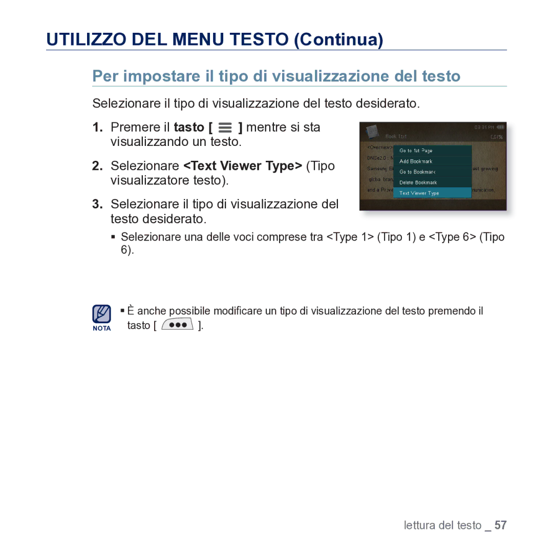 Samsung YP-CP3AB/EDC manual Per impostare il tipo di visualizzazione del testo 