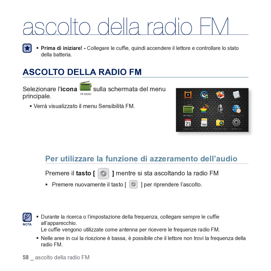 Samsung YP-CP3AB/EDC Ascolto della radio FM, Ascolto Della Radio FM, Per utilizzare la funzione di azzeramento dell’audio 