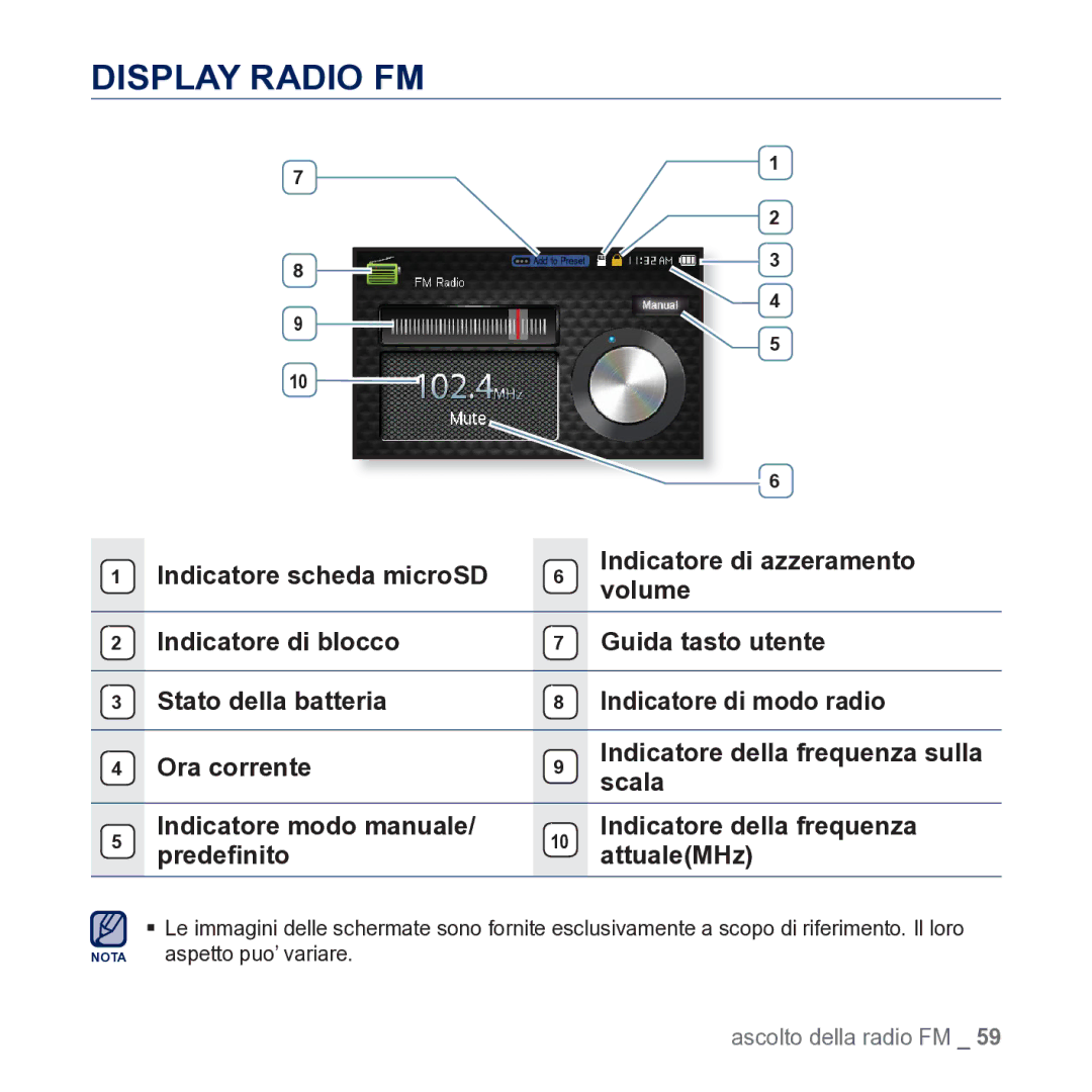 Samsung YP-CP3AB/EDC manual Display Radio FM, Scala 