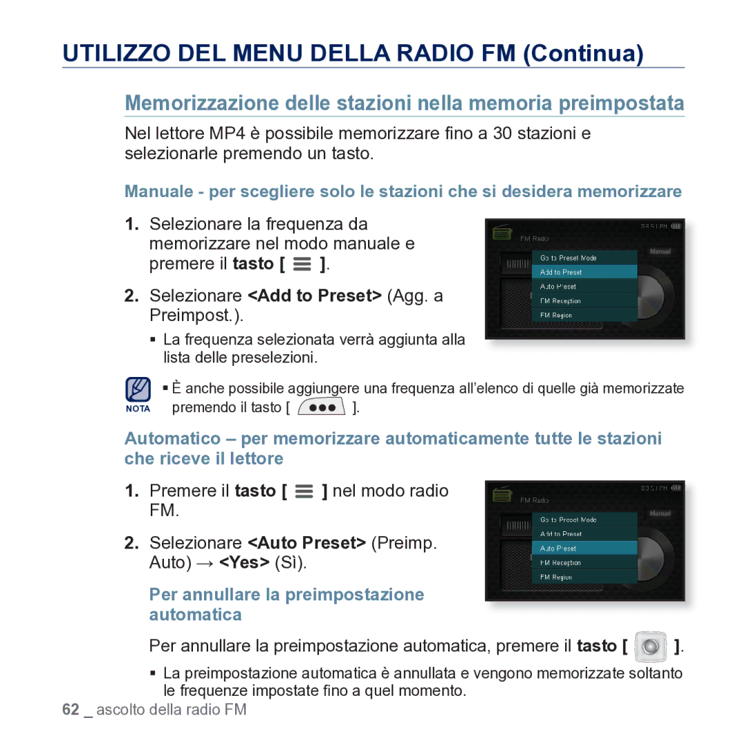 Samsung YP-CP3AB/EDC Utilizzo DEL Menu Della Radio FM Continua, Memorizzazione delle stazioni nella memoria preimpostata 