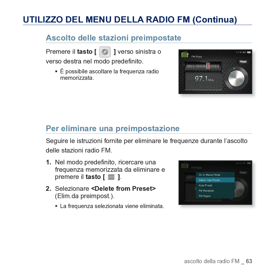 Samsung YP-CP3AB/EDC manual Ascolto delle stazioni preimpostate, Per eliminare una preimpostazione 