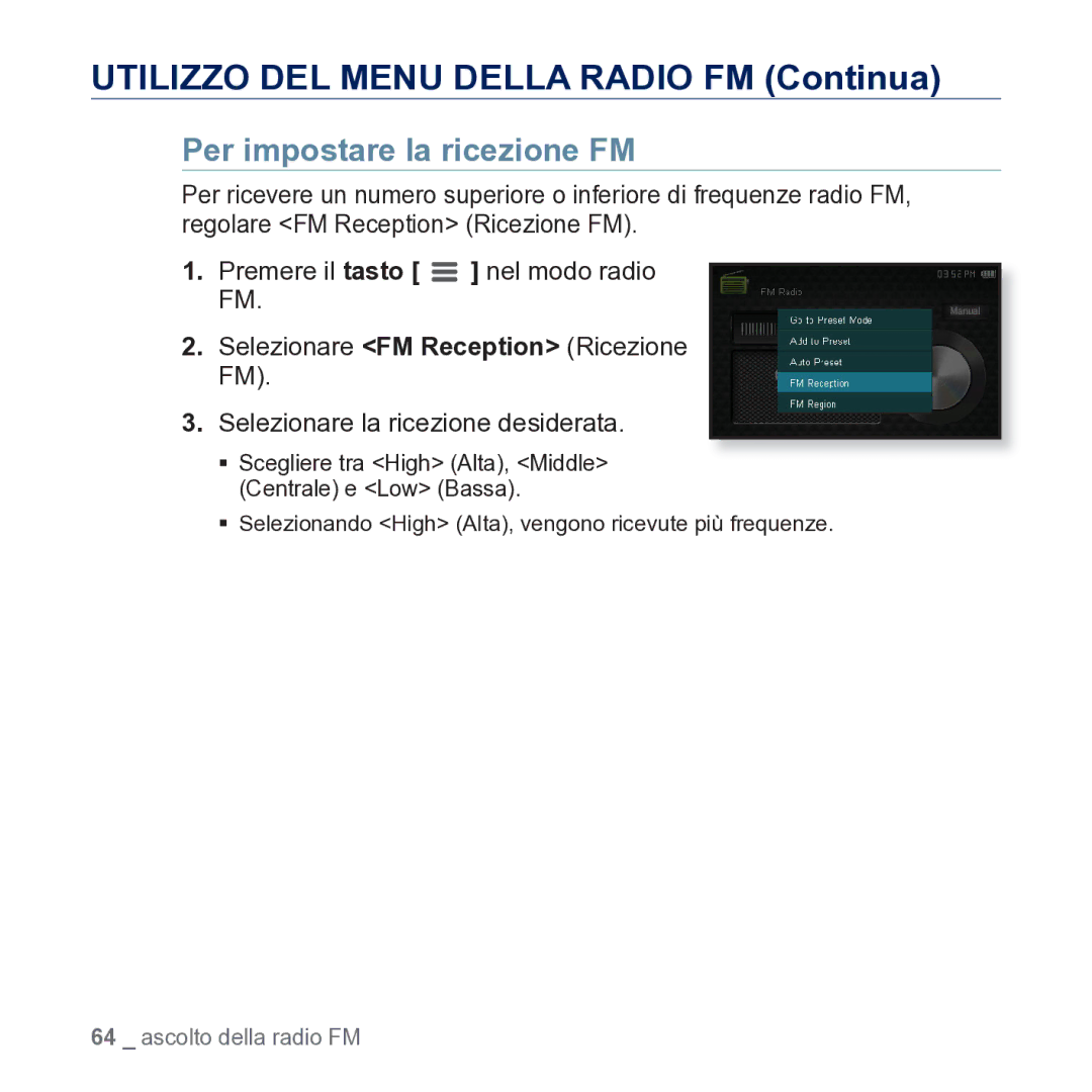 Samsung YP-CP3AB/EDC manual Per impostare la ricezione FM, Selezionare FM Reception Ricezione FM 