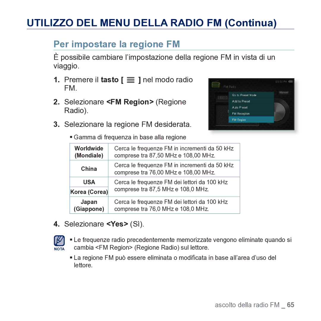 Samsung YP-CP3AB/EDC manual Per impostare la regione FM, Selezionare Yes Sì 