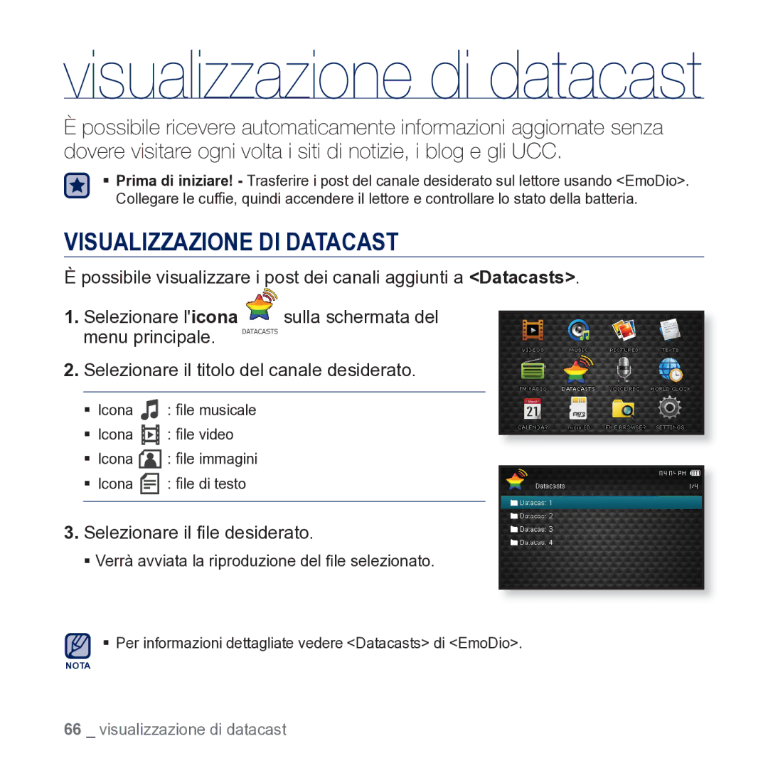 Samsung YP-CP3AB/EDC manual Visualizzazione DI Datacast, Selezionare il titolo del canale desiderato 