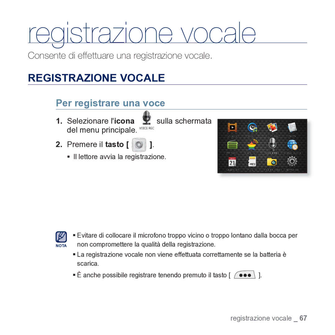 Samsung YP-CP3AB/EDC manual Registrazione vocale, Registrazione Vocale, Per registrare una voce, Selezionare l icona 